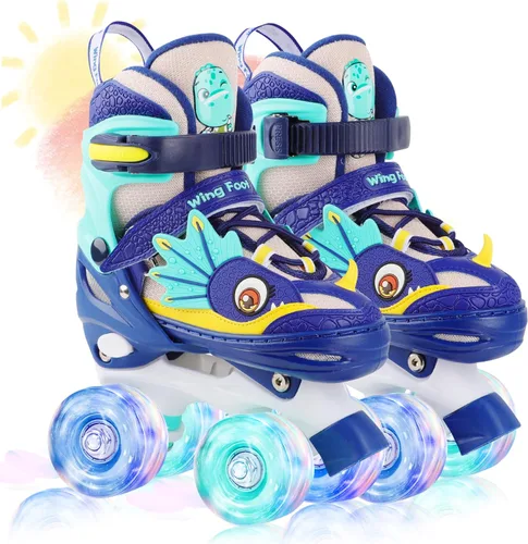 Miniatura 13 de Dino - Patines de ruedas para niños y niñas, WESKIFAN Dinosaur Quad Skating Shoes con ruedas brillantes y tamaños ajustables para principiantes