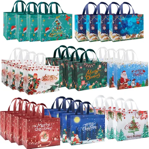 Miniatura 10 de YANGTE Paquete de 16 bolsas de Navidad con asas, bolsas de regalo no tejidas, 12.8" 9.8" 6.7" 16-Pack De