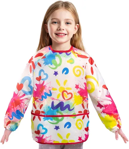 Miniatura 10 de WERNNSAI Bata de arte para niños impermeable con manga larga y 3 bolsillos de pintura