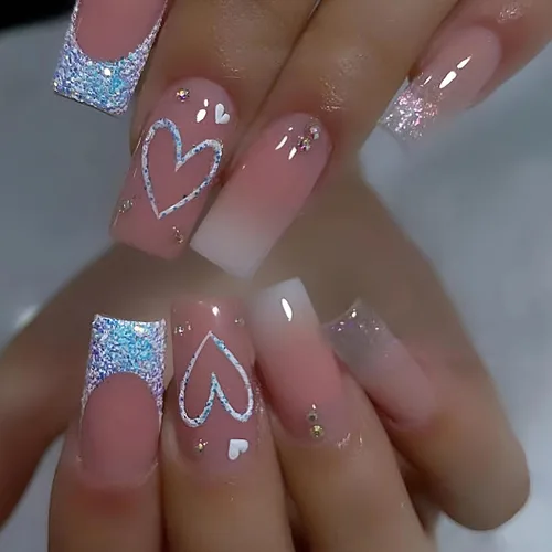 Miniatura 8 de Uñas postizas francesas a presión con forma de ataúd rosa estrella, diamantes de imitación, diseño brillante, cobertura completa, uñas acrílicas, 24