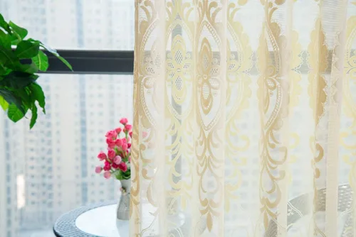 Miniatura 3 de European Style Semi Jacquard Sheer Curtains Basic Rod Pocket Top Style Living Room Bedroom(2 Panels, W 100 x L 102 inch, Yellow)
