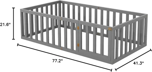 Miniatura 8 de Merax Marco de cama de piso de madera de tamaño individual con valla y puerta (gris)