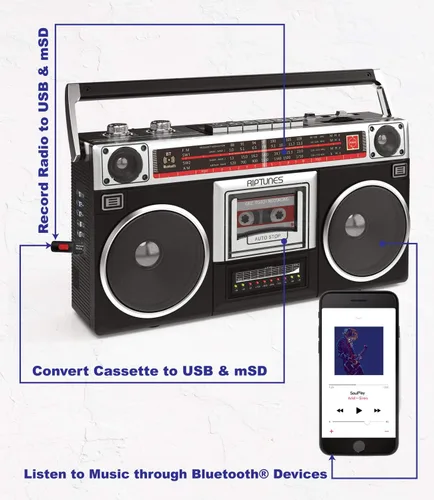 Miniatura 4 de Riptunes Boombox Radio Reproductor Grabador de Casetes, Radio AM/FM -SW1/SW2, Transmisión Inalámbrica, Ranuras USB/Micro SD, Entrada Aux, Conector
