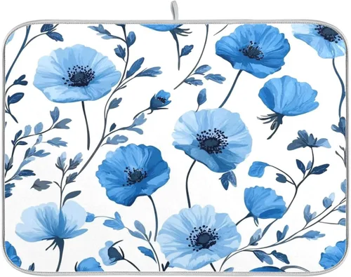 Miniatura 55 de Tapete de secado de platos de primavera naranja con flor de amapola para encimera de cocina, tapete escurridor absorbente de microfibra, tapete