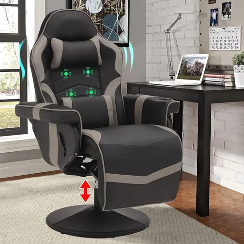 Miniatura 9 de LVUYOYO Silla reclinable para juegos, silla de juegos con reposapiés y masaje, respaldo alto de cuero PU reclinable para juegos con altura