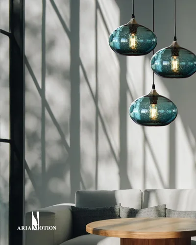 Miniatura 9 de Iluminación Colgante para Isla de Cocina de Cristal Azul Moderno Lámpara Colgante con Burbujas Texturizadas Sobre Fregadero 9.4 Pulgadas de Diámetro