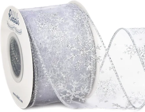 Miniatura 7 de Ribbli Cinta con alambre de purpurina de copo de nieve, organza dorada transparente con patrón de copo de nieve con purpurina dorada y borde