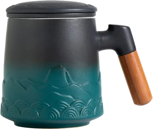 Miniatura 15 de ZENS Taza de Té de Cerámica en Relieve con Infusor y Tapa, 14.5 oz, Asa de Madera, Tazas Infusoras de Té de Hojas Sueltas y Colador para Regalos