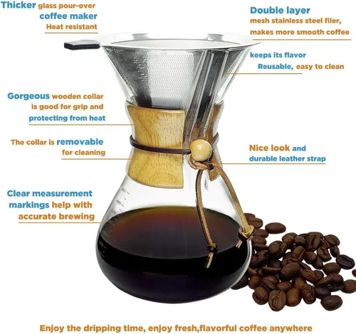 Miniatura 4 de Subjectthree - Juego de cafetera de vidrio para verter sobre 6 tazas con filtro reutilizable, fácil de limpiar para camping, oficina, cafeterías