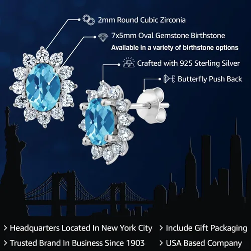 Miniatura 226 de Gem Stone King Aretes ovalados de plata de ley 925 de 0.276 x 0.197 in con piedra natal de la princesa Diana, estilo halo real para mujeres