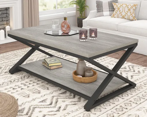 Miniatura 10 de HSH Mesa de sala de estar de madera de metal minimalista moderna negra con estante de almacenamiento, mesa central rectangular de 39 pulgadas y 2