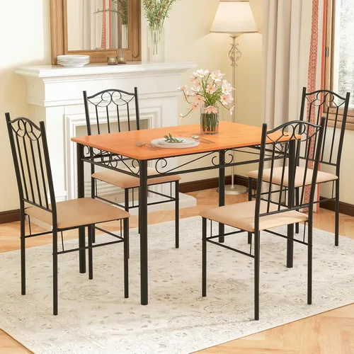 Tangkula Juego de 4 mesas de comedor con marco de metal y asiento acolchado, juego de 4 sillas de mesa de cocina, ahorro de espacio, negro y amarillo