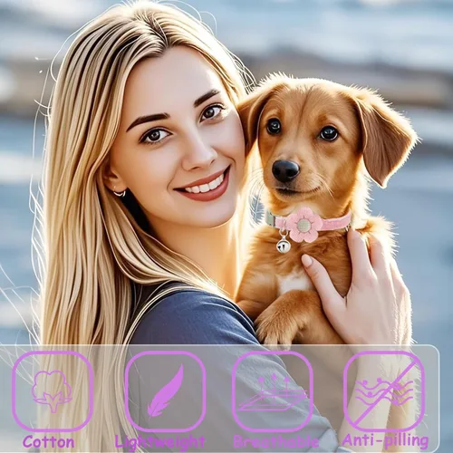 Miniatura 4 de Collar para perros pequeños con flor, Collares para cachorros XS, Collares para perros pequeños con campana para niña niño perrito pequeño (Rosa)