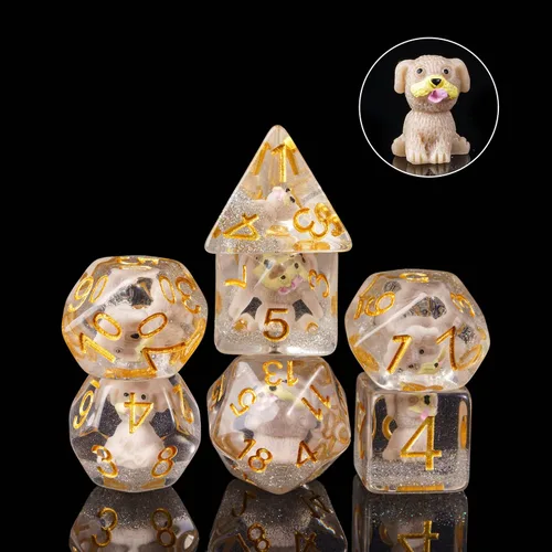 Miniatura 7 de Cusdie Dados DND de 7 troqueles, juego de dados poliédricos rellenos de animales, para juegos de rol, dados D&D (perro gris)