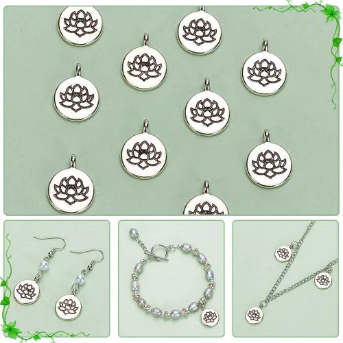 Miniatura 4 de PH PandaHall 60 dijes de flores de loto, de aleación tibetana de plata antigua, dijes florales planos, dijes de cuentas de metal para pulseras