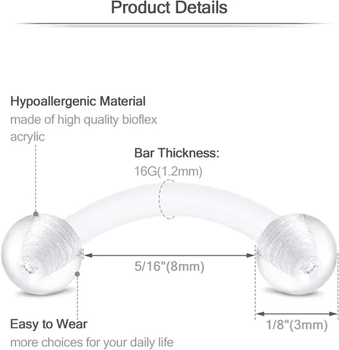 Miniatura 2 de FECTAS Piercing para cejas, joyería vertical para labio, barra curvada de 0.56 oz, diminutos anillos para cejas, ombligo, oreja, hélice, caracola