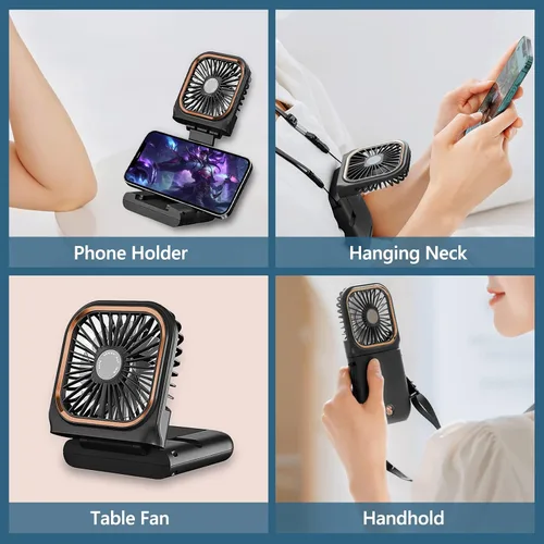 Miniatura 4 de Ventilador de mano portátil con soporte para teléfono, fuente de alimentación de 3000 mAh, ventilador de cuello recargable USB, ventilador pequeño