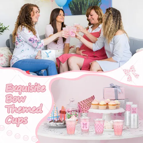 Miniatura 6 de Qinyoung 100 vasos de plástico con lazo rosa de 12 onzas, vasos desechables de coqueta, lazo rosa y corazón, vasos de plástico transparente