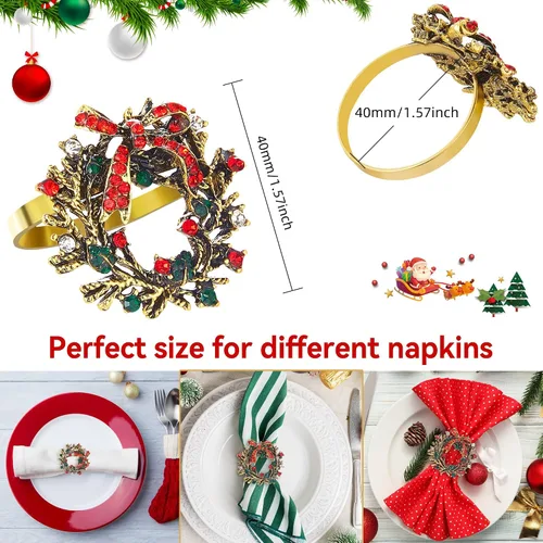 Miniatura 2 de ZeeDix Juego de 6 servilleteros de corona de Navidad, servilleteros de Navidad para servilletas de tela, servilleteros de Navidad para Acción