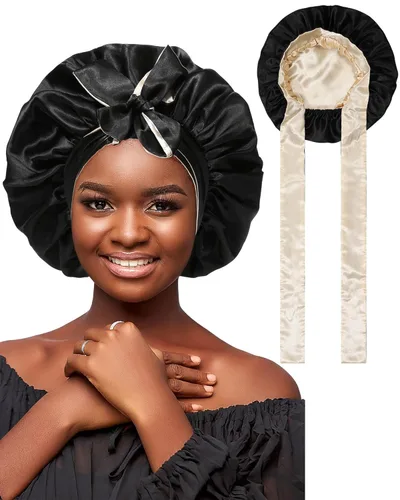 Miniatura 18 de AWAYTR Gorro de satén de seda para dormir para mujeres con cabello rizado, gorro de dormir reversible de doble capa con banda de amarre (azul) 7
