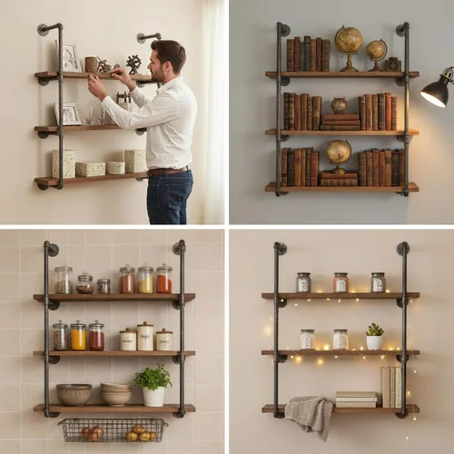 Miniatura 4 de Estantes de tubería de hierro flotantes montadas en la pared industriales/Estanterías/Estantes/Almacenamiento/Bibliotecas/Soportes, para bricolaje