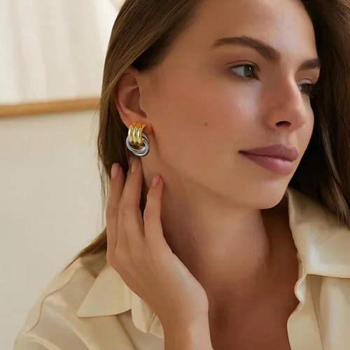 Miniatura 4 de Aretes gruesos de nudo dorado para mujer, aretes de eslabones largos con diseño geométrico de oro y plata