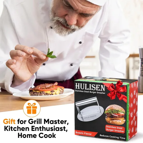 Miniatura 8 de HULISEN - Prensa de hamburguesas de acero inoxidable, prensa redonda de 15,7 cm para hamburguesas, kit profesional de accesorios para plancha