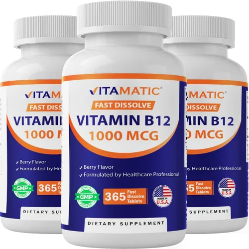 Miniatura 10 de Vitamatic Vitamina B12 1000 mcg Comprimidos de disolución rápida – Sabor natural a bayas – 365 tabletas por botella - 2 botellas – Apoya