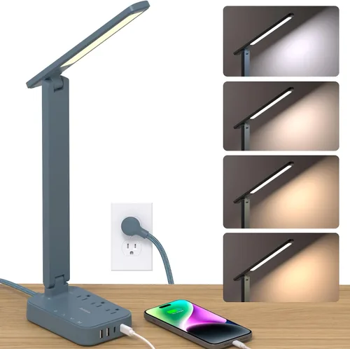 Addtam Lámpara LED de escritorio, tira de alimentación con 3 tomas, 4 puertos de carga USB (2 USBC), 4 modos, lámpara táctil de 5 niveles de brillo,
