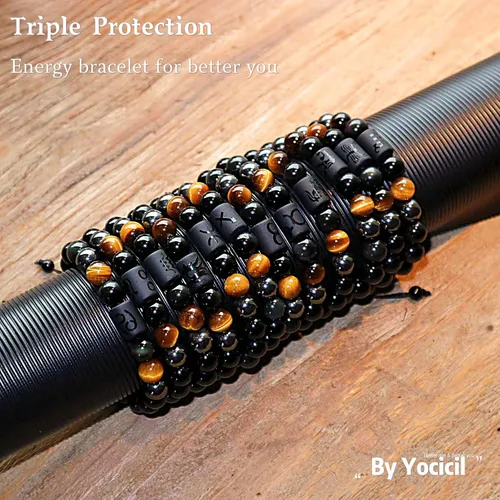 Miniatura 9 de Pulseras de la amistad, pulsera de obsidiana negra arcoíris para mujeres y hombres, 0.394 pulgadas (0.394 in), ojo de tigre, hematita y cristal