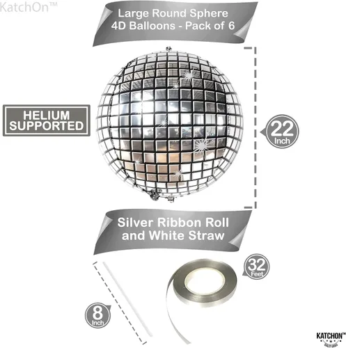 Miniatura 6 de KatchOn, Globos grandes de bola de discoteca plateados, paquete de 8, globos de discoteca de esfera 4D, globos de los años 80, juego de globos