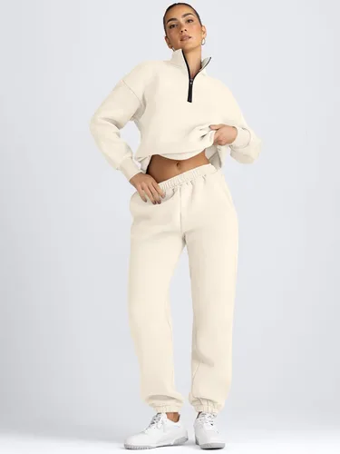 Miniatura 3 de AUTOMET Conjunto deportivo de 2 piezas para mujer, manga larga, media cremallera y pantalones deportivos holgados con bolsillos
