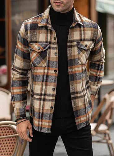 Miniatura 3 de JMIERR Camisas de franela para hombre, estilo casual, con botones, manga larga, a cuadros, chaquetas ligeras con bolsillos