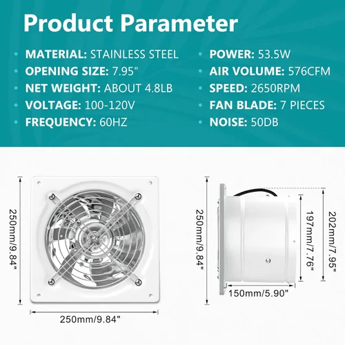 Miniatura 6 de HG Power Extractor de cocina de 8 pulgadas con interruptor montado en la pared 576CFM, ventilador de ventilación para ático, invernadero, sótano