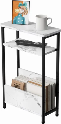Miniatura 10 de THUMEYE Mesa auxiliar estrecha de 7.1 pulgadas para espacios pequeños, mesa auxiliar pequeña de 3 niveles con soporte para revistas, mesita de noche