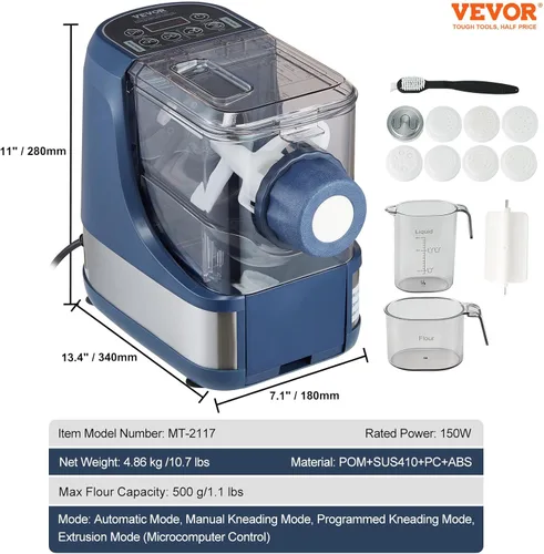 Miniatura 7 de VEVOR Máquina Eléctrica de Pasta, Máquina Automática de Fideos de 150W con 8 Formas de Pasta, 4 Modos Inteligentes, Capacidad de 500g de Harina, Azul