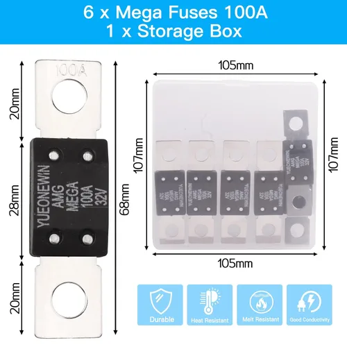 Miniatura 2 de Fusibles MEGA/AMG de 100 A, 6 fusibles de 100 A MEGA/AMG de alta corriente atornillados para automóviles, camiones, vehículos de construcción
