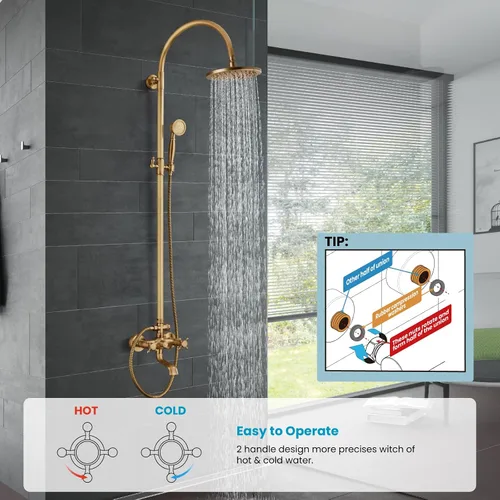 Miniatura 2 de gotonovo Grifo de ducha de baño expuesto, sistema de ducha montado en la pared, cabezal de ducha de 8 pulgadas y boquilla de bañera, asas cruzadas