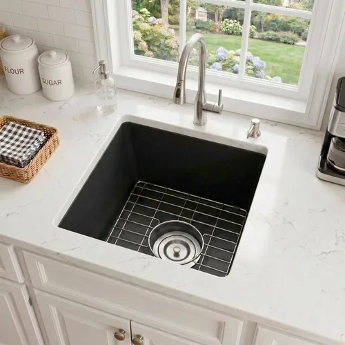 Miniatura 13 de Fregadero de barra negro de montaje inferior, fregadero pequeño de barra compuesto de 15 x 17 pulgadas, fregaderos de cocina y barra de granito