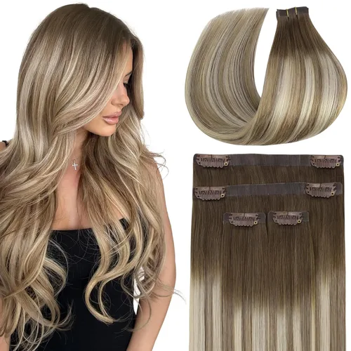 Miniatura 48 de Full Shine Extensiones de cabello humano con pinzas, cabello humano Remy invisible para mujer, color rubio platino, 20 pulgadas, 8 unidades, 4.23 oz