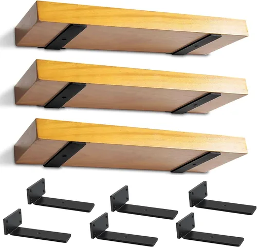 Soportes de estante flotante resistentes - Soportes de L de metal negro industrial de 1/5 pulgada de espesor, soportes de estante de acero sólido