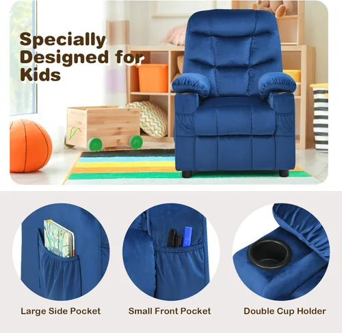 Miniatura 7 de Costzon Silla reclinable para niños con soporte para tazas, silla de salón de terciopelo ajustable con reposapiés y bolsillos laterales