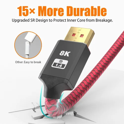 Miniatura 4 de BIFALE Paquete de 2 cables DisplayPort 1.4 8K con certificación VESA de 15 pies, cable DP 1.4 de nailon trenzado
