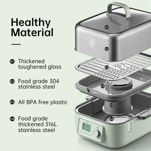 Miniatura 5 de BUYDEEM G67US Vaporera Eléctrica de Alimentos para Cocinar, Vaporera de Acero Inoxidable de 1 Nivel con Modo Manual, 1500W, 7 Cuartos, Verde