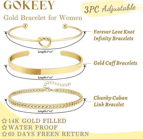 Miniatura 4 de Delicado juego de pulseras de cadena de oro para mujer, chapado en oro real de 14 quilates, pulseras de cadena de eslabones para mujer, pulseras