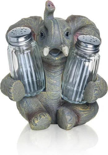 Miniatura 3 de Juego de saleros y pimenteros de elefante con tarros de especias de cristal, dispensador de sal y pimienta con figura de elefante de resina