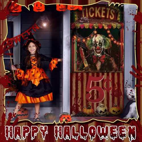 Miniatura 2 de Preboun Decoraciones de carnaval de Halloween, cubierta de puerta de Halloween, accesorio para taquilla de boletos de circo, cartel espeluznante