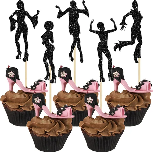 24 piezas de decoración de cupcakes de discoteca de los años 70 con purpurina negra, selecciones bailarinas de los 80 para decoración de pasteles