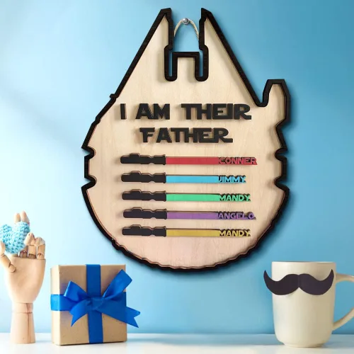 Miniatura 7 de Letreros de madera personalizados con nombres y sables de colores personalizados con texto en inglés "I AM THEIR THEIR Father", grabado con nombre