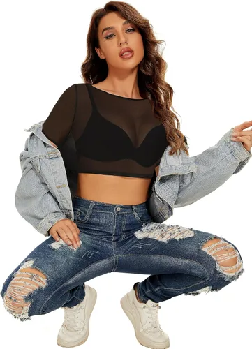 Miniatura 7 de Blusa de malla transparente para mujer, manga corta, manga larga, entallada, para discoteca